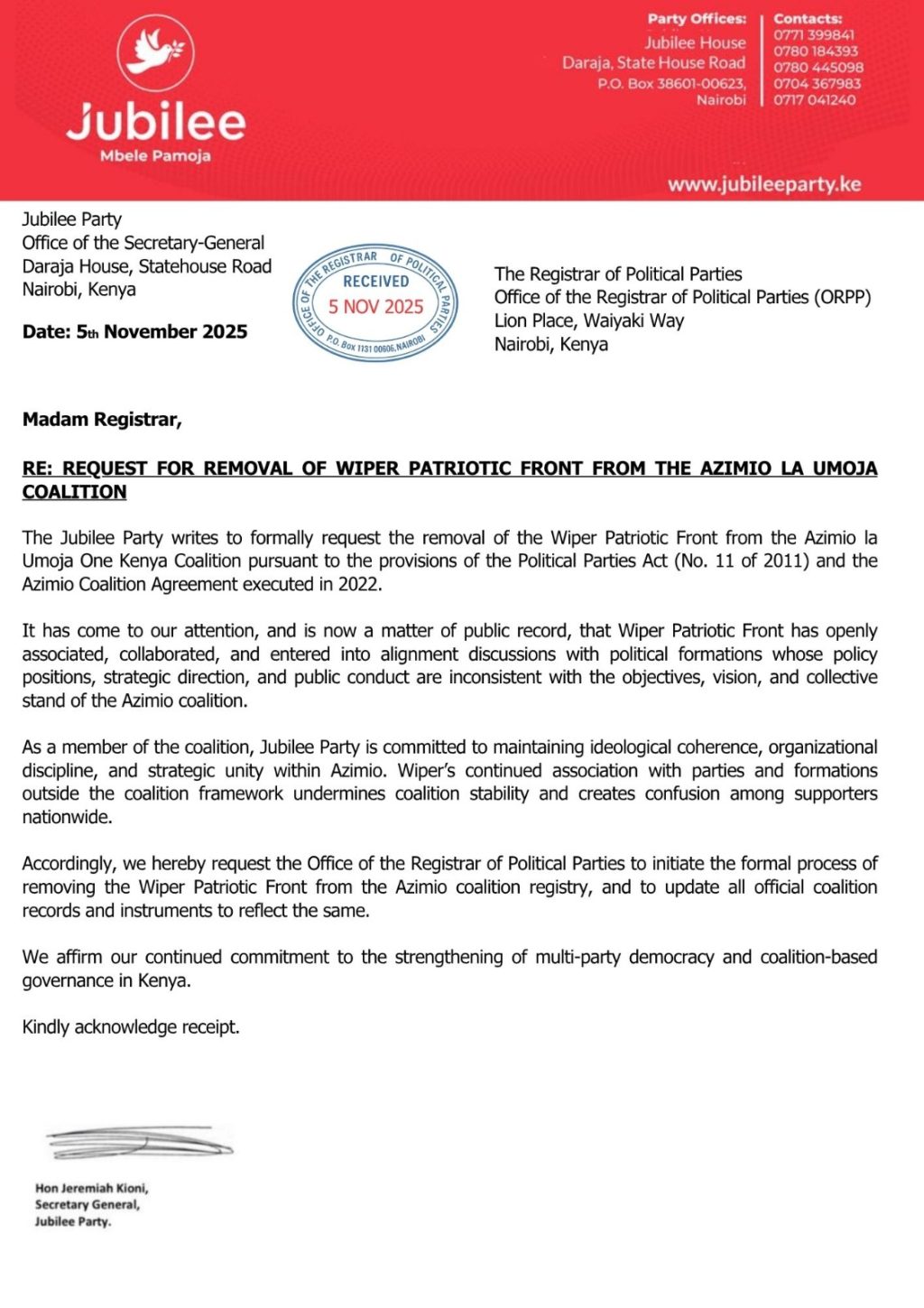 Azimio R Symbol Jubilee Party Moves to Expel Wiper Patriotic Front from Azimio ...